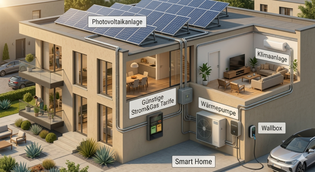 Smart Home
Wärme Pumpe
Strom Gas Tarife Tarif
Wallbox Photovoltaik Solar panel Batterie Klima Anlage